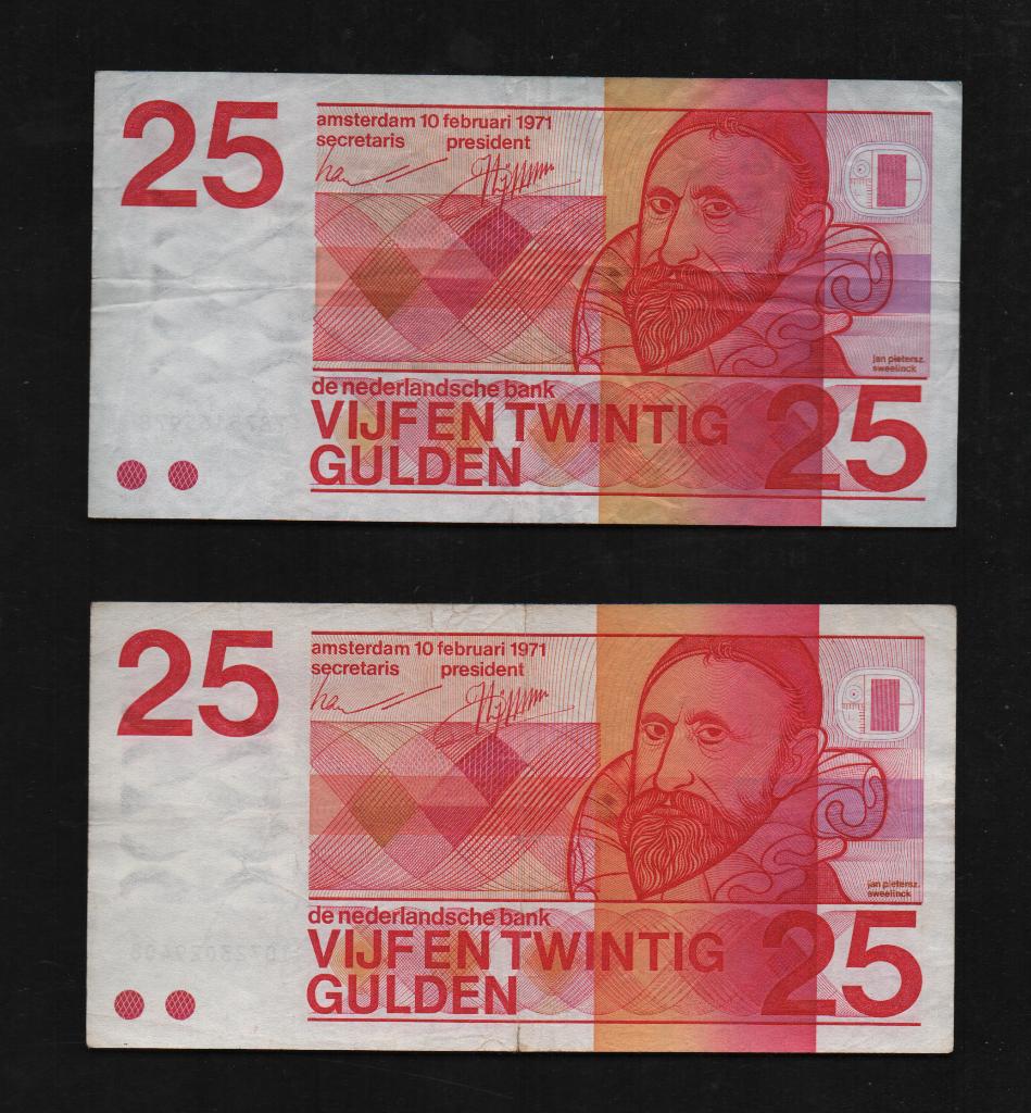 Setje 25 Gulden Bankbiljetten 1971 10/11 cijferig Zeer Fraai, Postzegels en Munten, Bankbiljetten | Nederland, Ophalen of Verzenden