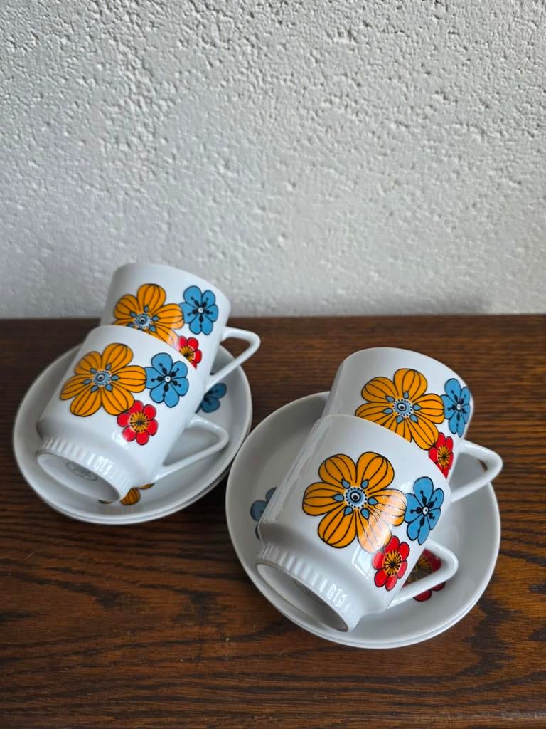Vintage Kahla Kop en Schotel Set - 4 Stuks met Bloemen, Ophalen of Verzenden