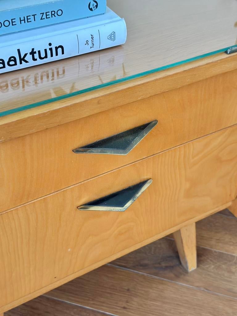 Set 2 vintage nachtkastjes hout jaren 50/60/70, Ophalen, Gebruikt, 45 tot 65 cm, Minder dan 55 cm
