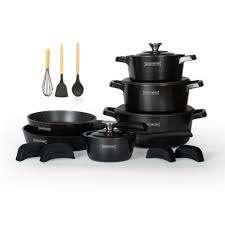 Pannenset marmeren coating 14dlg zwart Creuset Royalty Line, Pannenset, Ophalen of Verzenden, Keramische plaat, Nieuw