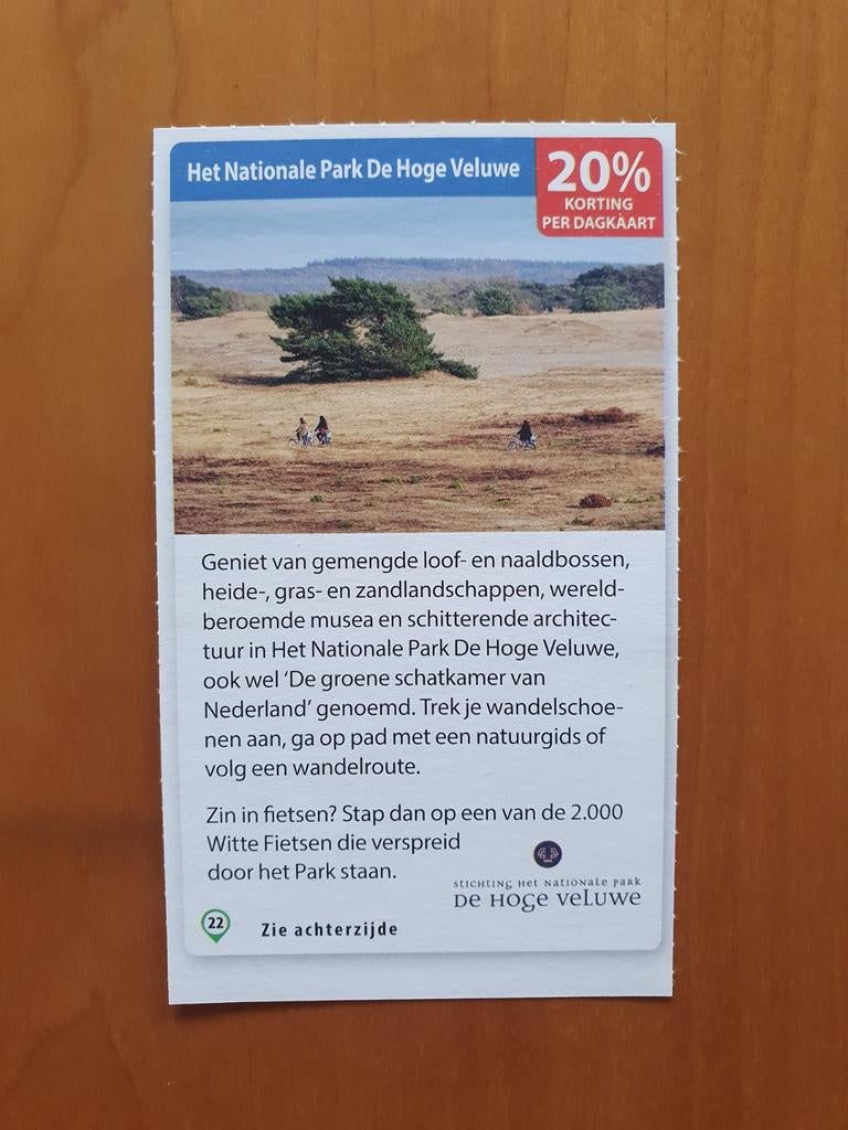 Het Nationale Park De Hoge Veluwe 20% korting per dagkaart, Tickets en Kaartjes, Drie personen of meer, Kortingsbon