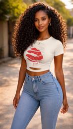 Witte Crop Top met Rode Lippen Print, Kleding | Dames, Ophalen of Verzenden, Gedragen, Wit, Korte mouw