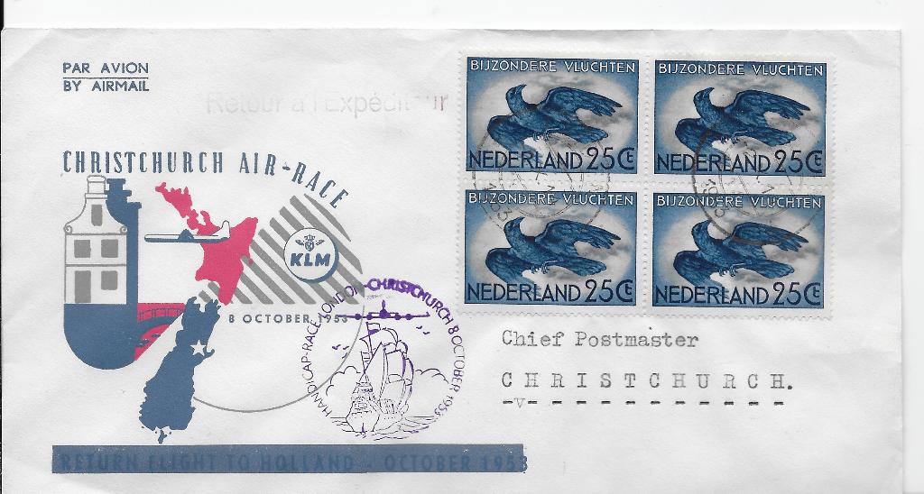 Brief tgv Ghristchurch Air-race met blok van vier lp 14, Postzegels en Munten, Verzenden, Na 1940, Gestempeld