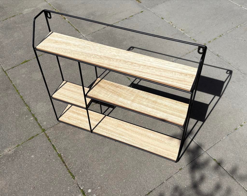 Wandrek met 3 planken - Zwart metaal en hout, Ophalen, Zo goed als nieuw