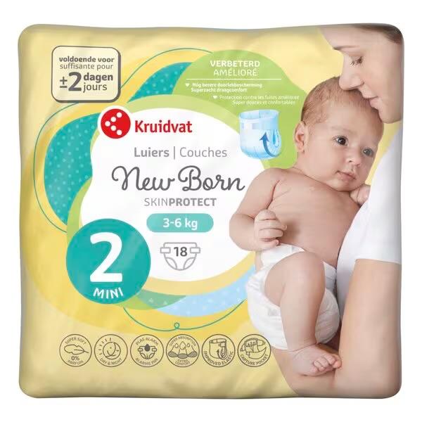Kruidvat New Born Luiers Maat 2 Mini (3-6 kg) - 18 stuks, Ophalen of Verzenden, Nieuw