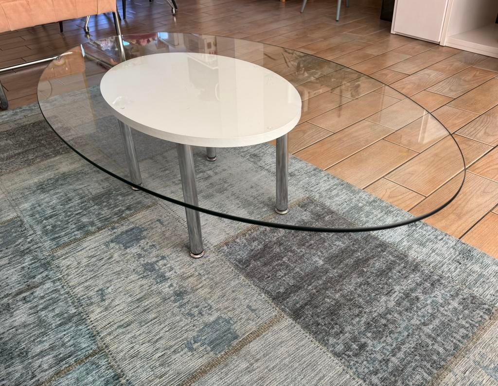 Glazen salontafel ovaal, Ophalen, Gebruikt, 100 tot 150 cm, 50 tot 100 cm