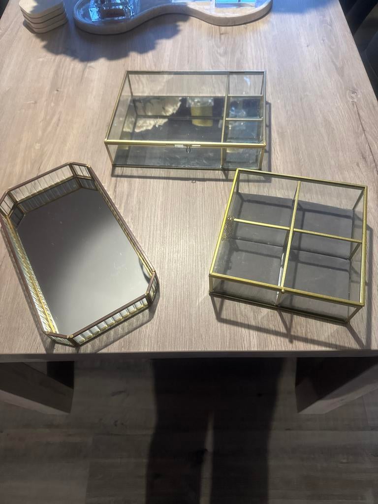 Gouden glazen sieradendoosjes en dienblad set, Ophalen, Zo goed als nieuw, Glas, Goud