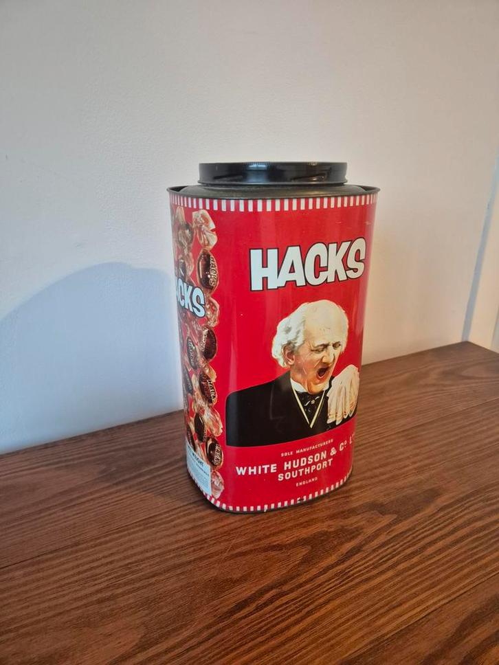 Groot Vintage Hacks Blik - Nostalgische Snoeptrommel, Verzamelen, Blikken, Gebruikt, Overige, Overige merken, Ophalen of Verzenden