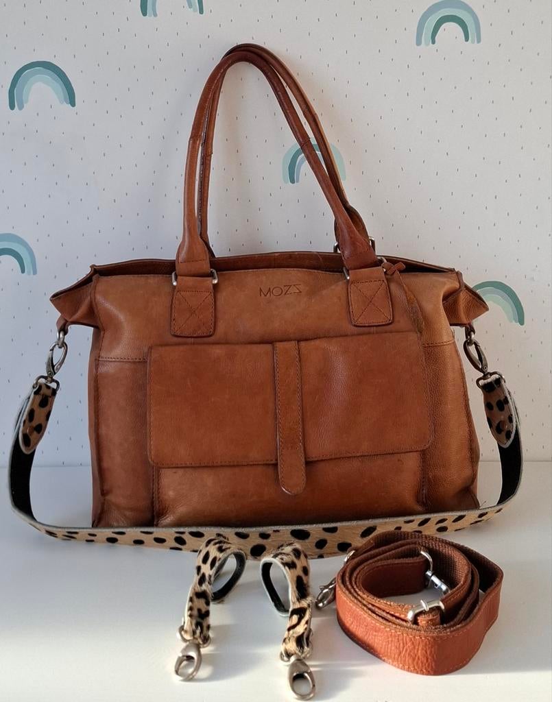 Mooie Mozz leren luiertas, cognac, Kinderen en Baby's, Luiertassen, Ophalen of Verzenden, Gebruikt, Schoudertas