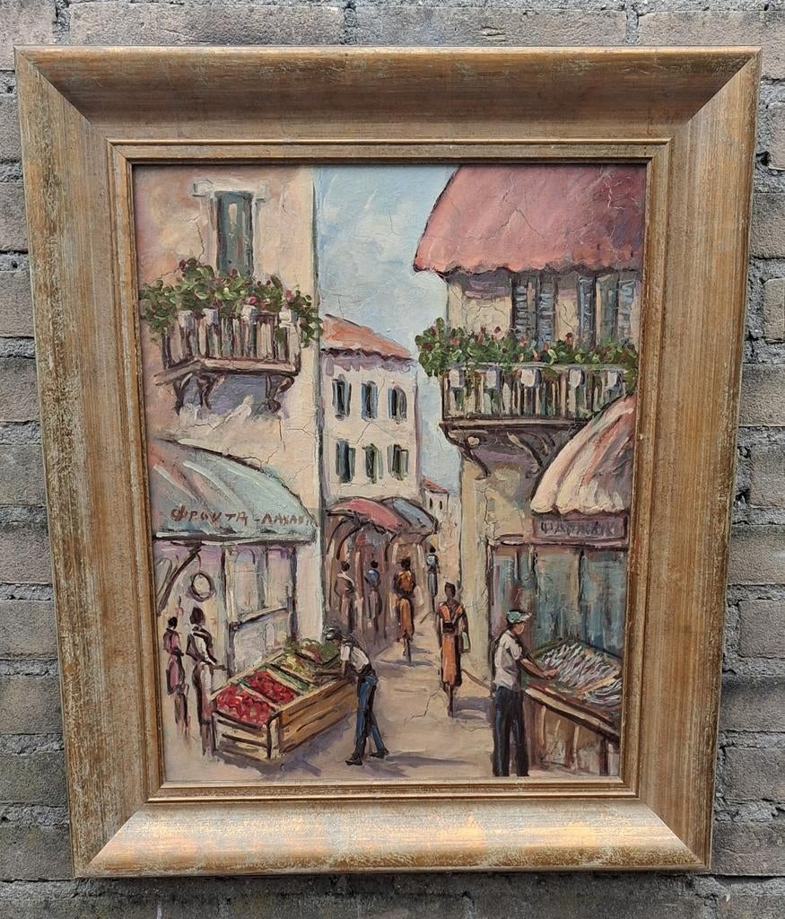 Winkelstraat Kreta.  Olie/doek. Sign. 53/62 cm., Antiek en Kunst, Kunst | Schilderijen | Klassiek, Ophalen