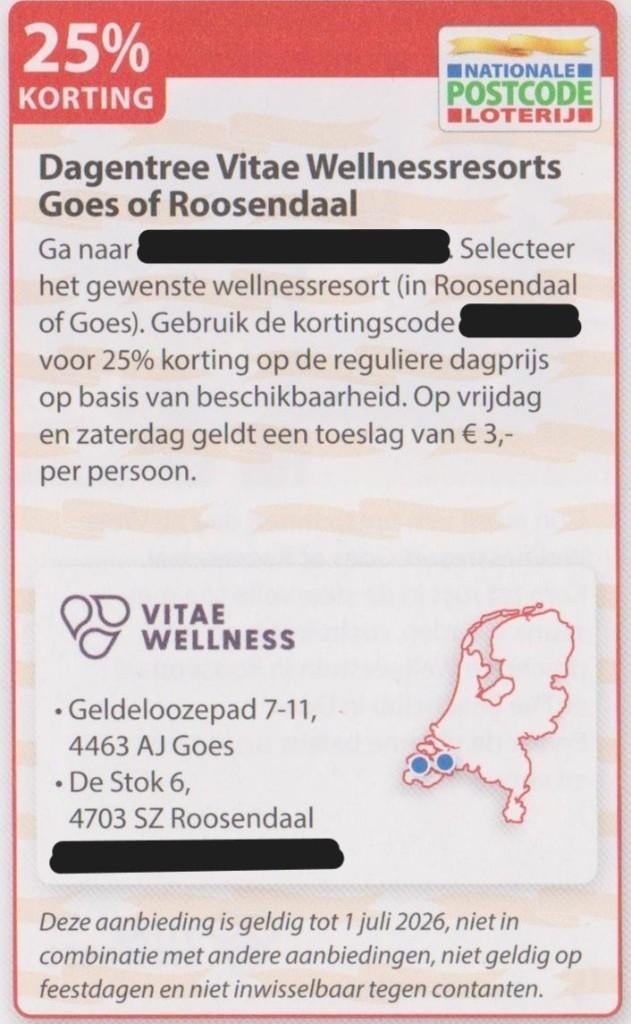 Vitae Wellnessresort. 25% korting. Postcodeloterij bon., Tickets en Kaartjes, Kortingen en Cadeaubonnen, Drie personen of meer