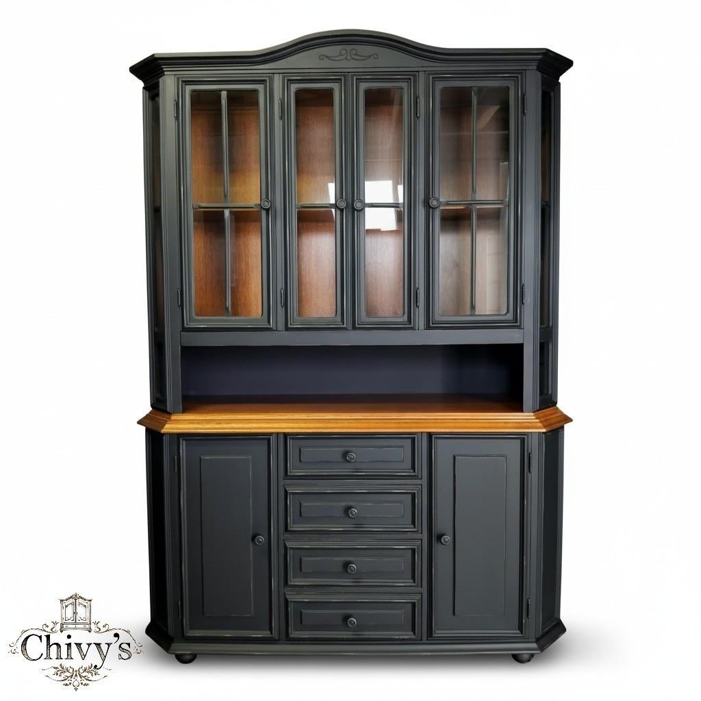 Stijlvolle zwarte Buffetkast / Vitrinekast | Eyecatcher, 200 cm of meer, Ophalen of Verzenden, Zo goed als nieuw, Glas