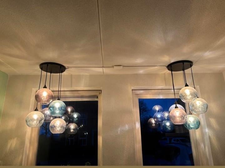 2 mooi hanglampen met glazen bollen, Huis en Inrichting, Lampen | Hanglampen, Ophalen, Zo goed als nieuw, Minder dan 50 cm