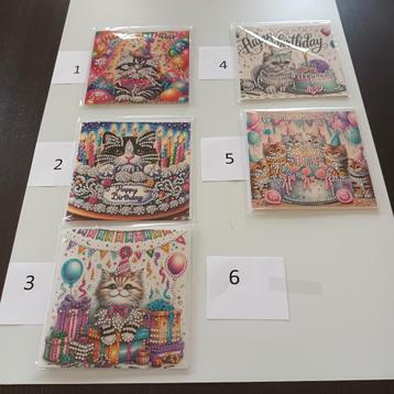Diamond painting kaarten Happy Birthday Poesjes beschikbaar voor biedingen