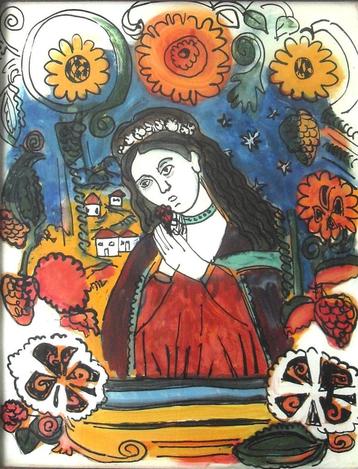 Gina Irajiu - Boerenmeisje met bloem. Glasschilderij