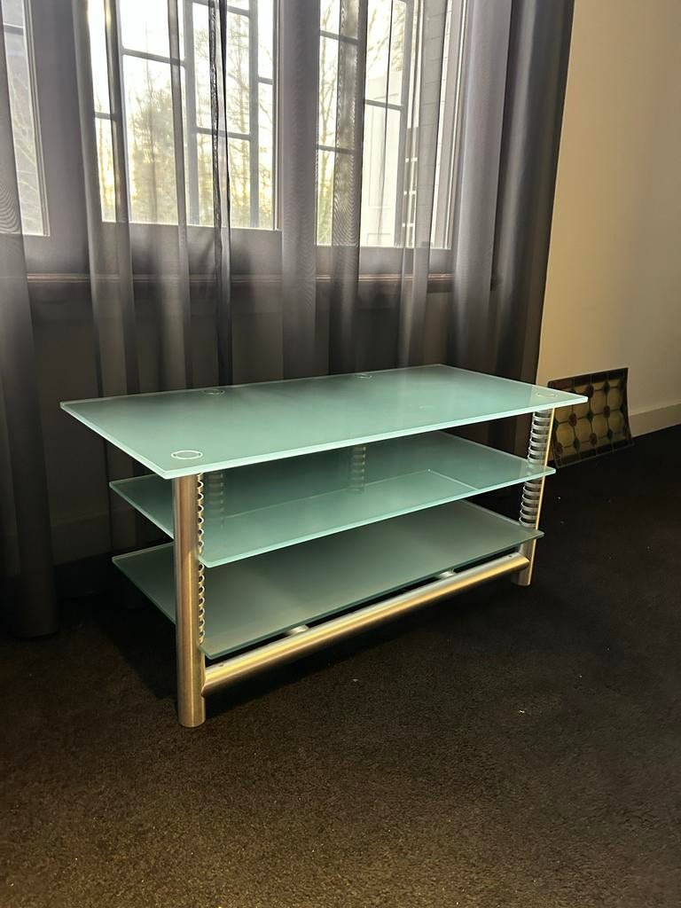 RVS Media Meubel met Melkglas & Verlichting, Huis en Inrichting, Kasten | Televisiemeubels, Gebruikt, 100 tot 150 cm, Ophalen of Verzenden