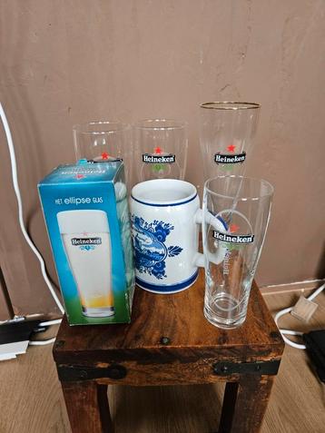 6x Heineken bierglazen (ellipse) en bierpul vintage mancave  beschikbaar voor biedingen