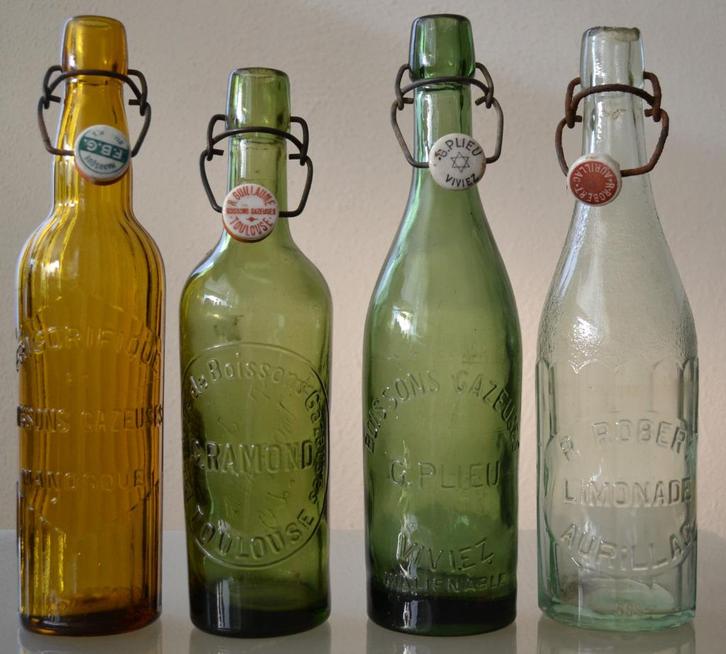 4 oude franse limonade beugelflessen beugelfles b11, Antiek en Kunst, Curiosa en Brocante, Ophalen