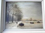 winteerlandschap molen boten olieverf paneel 19 eeuw, Antiek en Kunst, Kunst | Schilderijen | Klassiek, Ophalen of Verzenden