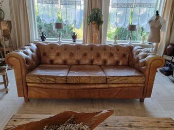 Originele leren Chesterfield 3-zits bank+ stoel cognac bruin beschikbaar voor biedingen