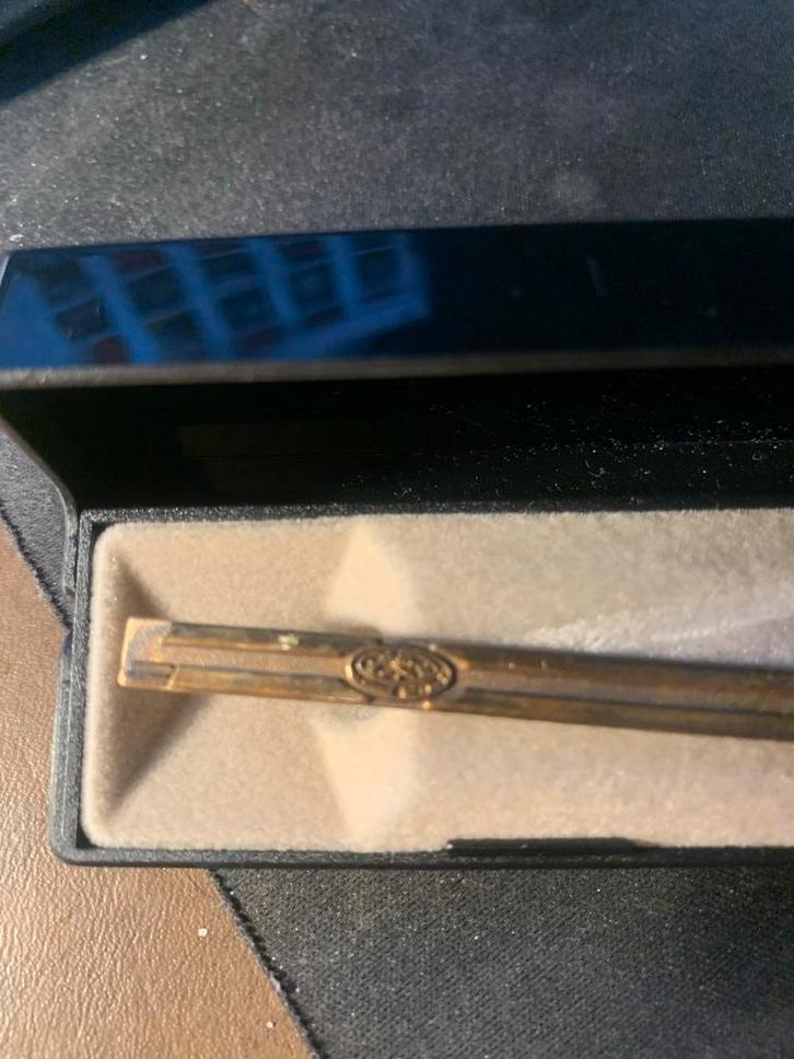 Antieke Gouden Dasspeld in Originele Doos, Kleding | Heren, Stropdassen, Gedragen, Met patroon, Geel, Ophalen of Verzenden