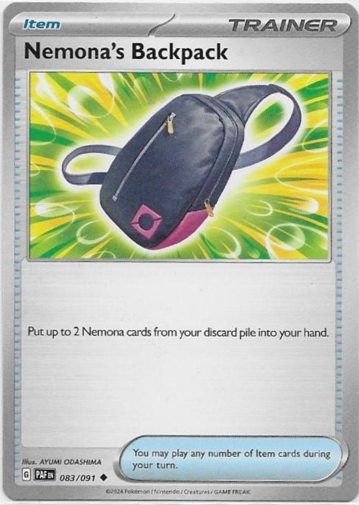Paldean Fates,  Nemonas Backpack [uncommon] 83/91, Hobby en Vrije tijd, Verzamelkaartspellen | Pokémon, Nieuw, Losse kaart, Ophalen of Verzenden