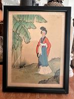 Chinees schilderij op zijde, vrouw met landschap, Ophalen of Verzenden