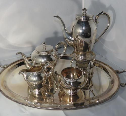 Zilveren thee/koffie servies op dienblad met parelrand, 6st, Antiek en Kunst, Antiek | Goud en Zilver, Zilver, Verzenden