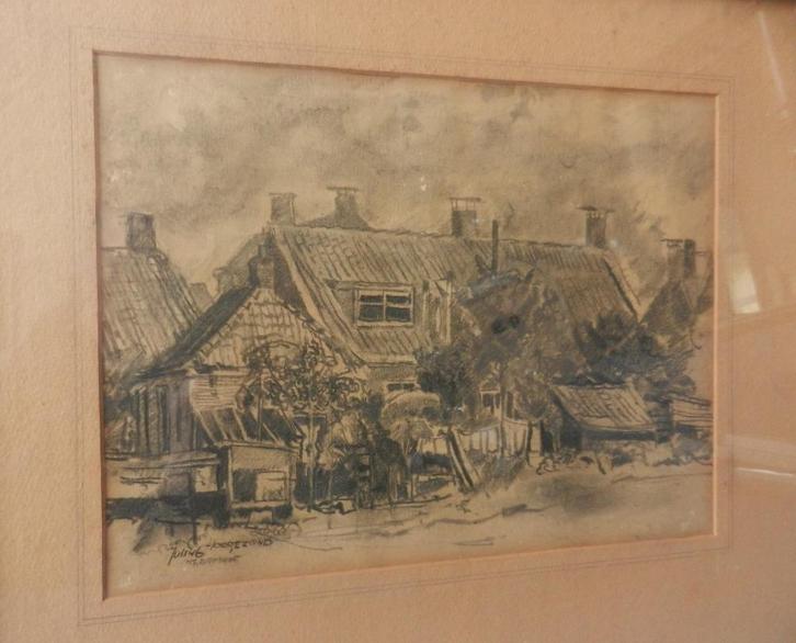 Krijttekening Huizen in Hoogezand Poppe Damave 1946 22x29 cm, Antiek en Kunst, Kunst | Tekeningen en Foto's, Ophalen of Verzenden