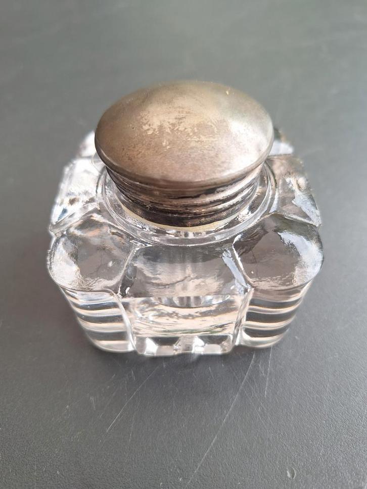 Vintage Inktpot met verzilverd deksel., Antiek en Kunst, Antiek | Glas en Kristal, Ophalen of Verzenden