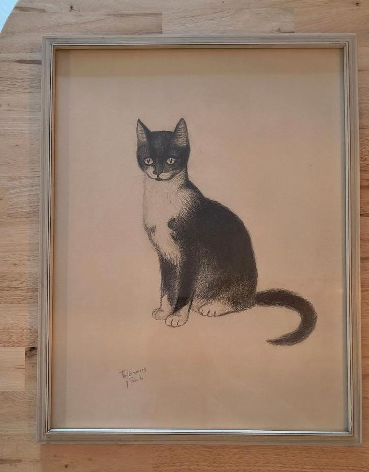 Ori­gi­ne­le potloodtekening “Kat” — Tini Lommers (1964), Antiek en Kunst, Kunst | Schilderijen | Klassiek, Ophalen of Verzenden