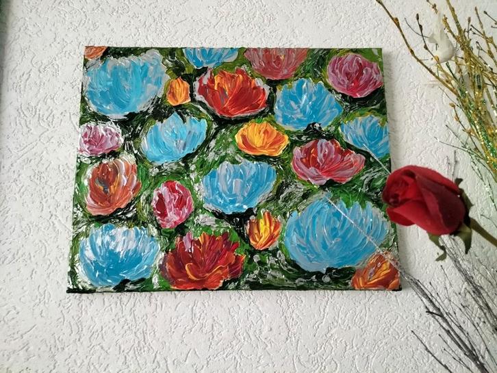 Handgeschilderd Acrylverf 3d bloemen, Antiek en Kunst, Kunst | Schilderijen | Abstract, Ophalen of Verzenden
