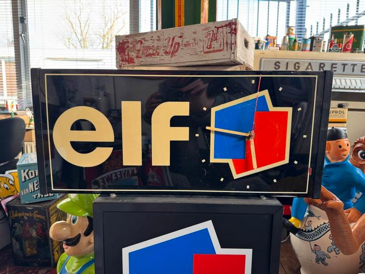 Vintage Elf Lichtbak Reclamebord met Klok, Verzamelen, Merken en Reclamevoorwerpen, Gebruikt, Lichtbak of (neon) lamp, Ophalen