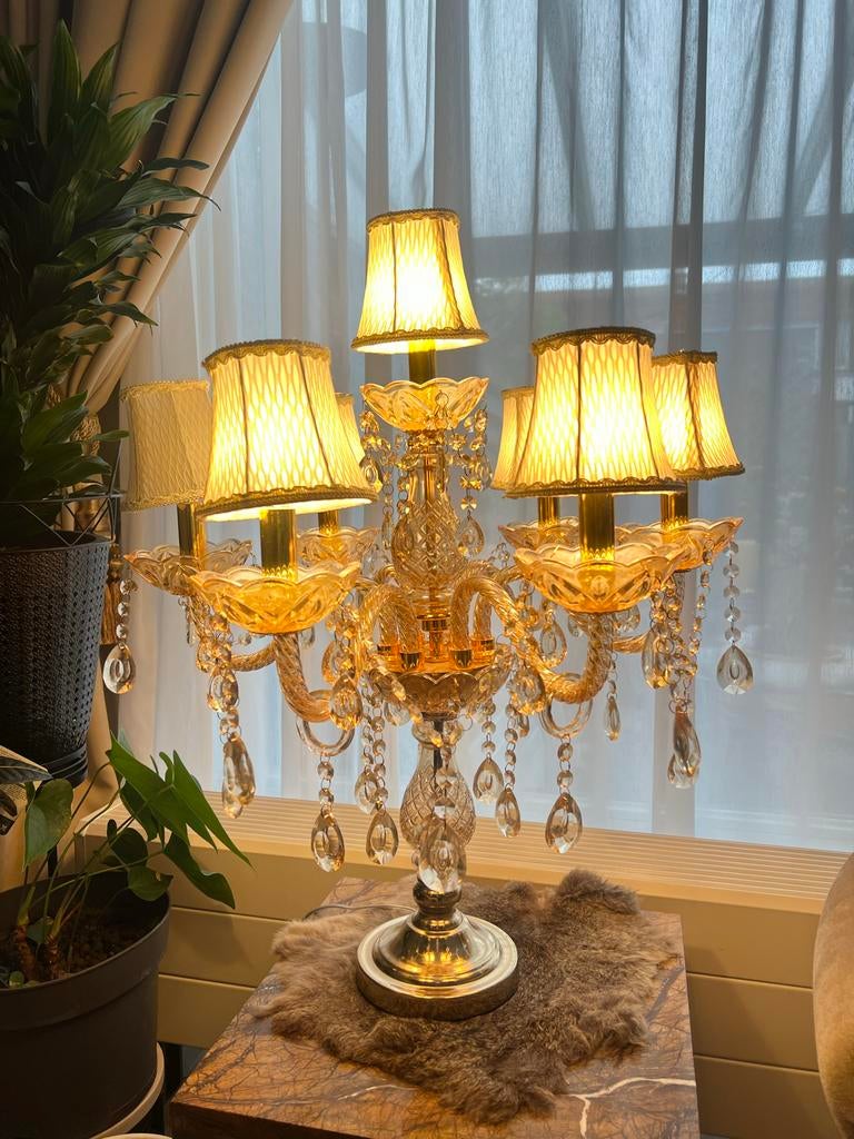 Barok Tafel Kroonluchter Kristal Goud - 7 Lichtpunten, Ophalen of Verzenden, Zo goed als nieuw, Glas, Minder dan 100 cm