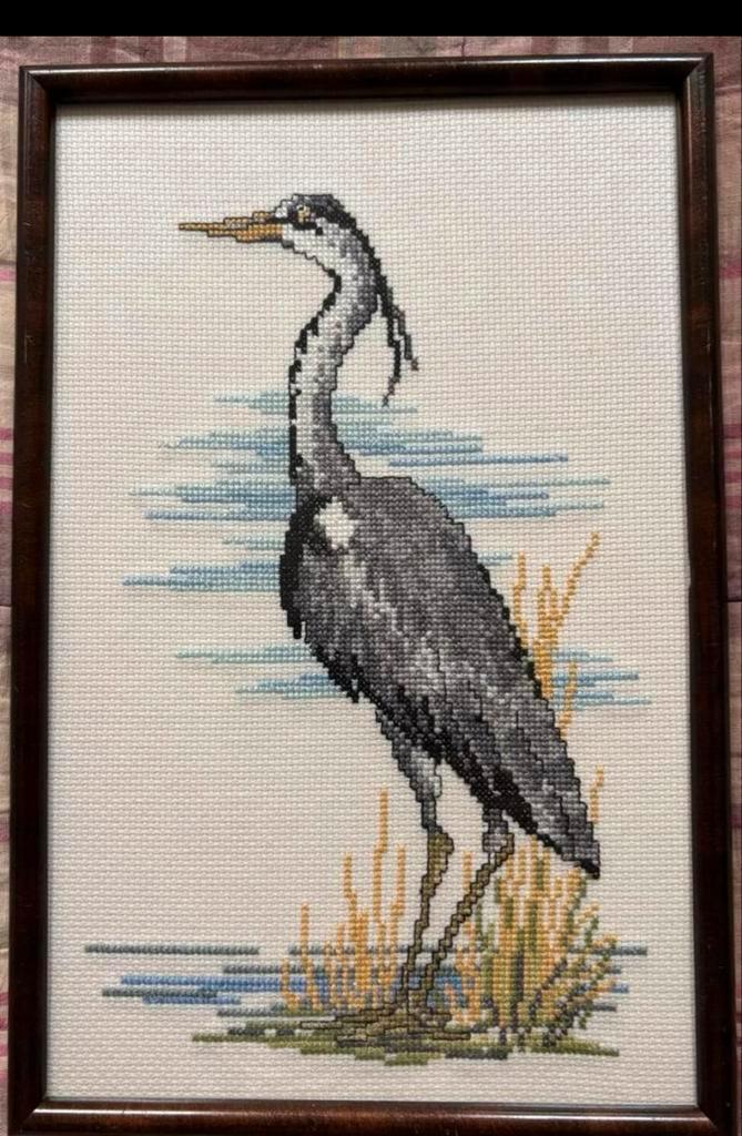 Borduurwerk Reiger - Ingelijst Handwerk, Hobby en Vrije tijd, Borduren en Borduurmachines, Ophalen of Verzenden