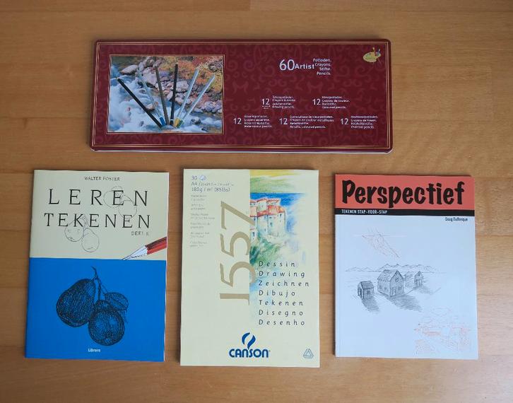 Leren tekenen voor beginners met nieuwe tekendoos (58 st), Hobby en Vrije tijd, Tekenen, Zo goed als nieuw, Overige typen, Ophalen of Verzenden