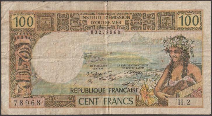 Tahiti 100 francs ND(1973) gebruikt p.24b (nr 14), Postzegels en Munten, Bankbiljetten | Oceanië, Los biljet, Verzenden