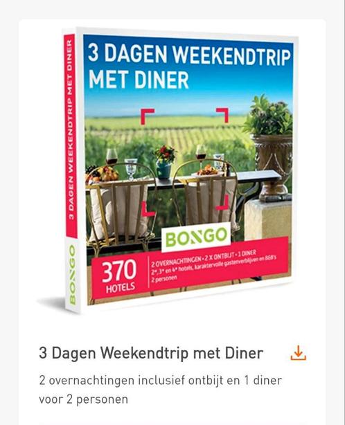 Bongo 3 dagen weekendtrip met diner t.w.v. € 200,-, Tickets en Kaartjes, Hotelbonnen, Twee personen, 2 overnachtingen