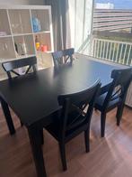 Zwarte uitschuifbare eettafel met 4 stoelen (moet zsm weg), Ophalen, Gebruikt, 100 tot 150 cm, Vier personen