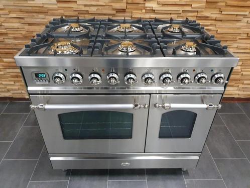 Luxe Boretti Fornuis 90cm RVS + RVS 2 ovens 6 pits, Witgoed en Apparatuur, Fornuizen, Zo goed als nieuw, Vrijstaand, Gas, 5 kookzones of meer