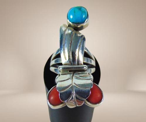 Unieke zilveren NAVAJO ring turquoise en koraal Maat 16!, Sieraden, Tassen en Uiterlijk, Ringen, Zo goed als nieuw, Dame of Heer