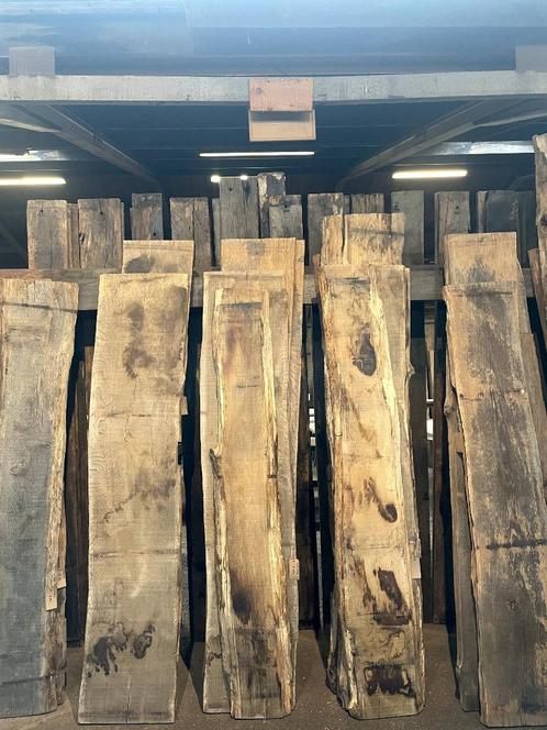 Oud eiken boomstamplanken, Doe-het-zelf en Verbouw, Hout en Planken, Gebruikt, Plank, Eiken, 25 tot 50 mm, Ophalen of Verzenden