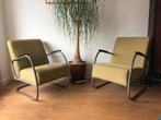 2x buisframe fauteuil. Groene ribstof, metalen buizen, Ophalen, Gebruikt, Buizen retro 60s 70s, 75 tot 100 cm