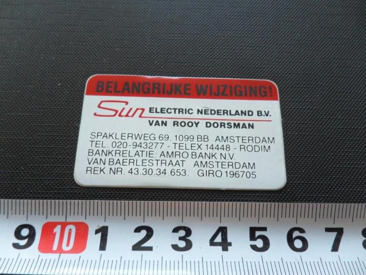 sticker belangrijke wijziging! SUN electric van rooy dorsman, Verzamelen, Stickers, Zo goed als nieuw, Ophalen