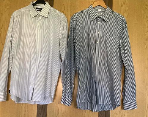 2 gestreepte overhemden met lange mouw - maat 43, Kleding | Heren, Overhemden, Zo goed als nieuw, Halswijdte 43/44 (XL), Blauw