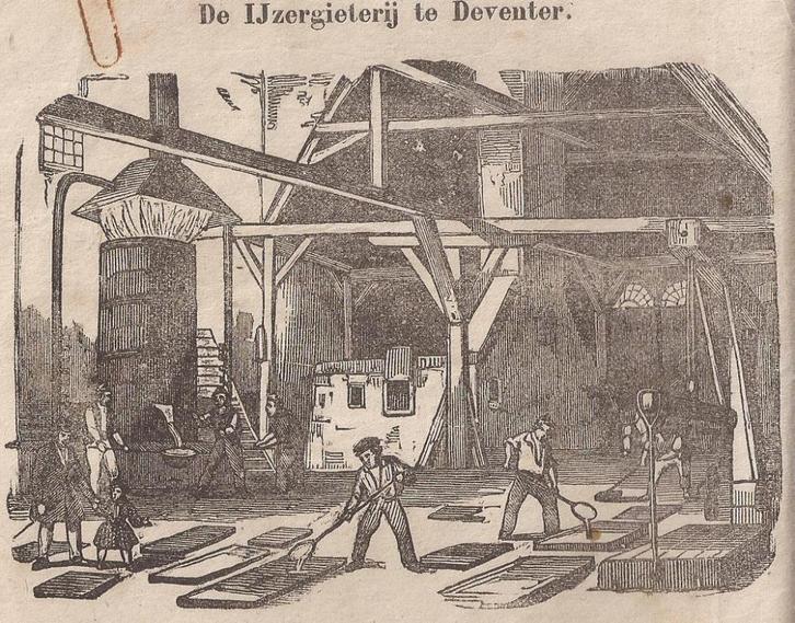 Deventer. De IJzergieterij te Deventer ca. 1843, Antiek en Kunst, Kunst | Etsen en Gravures, Ophalen of Verzenden