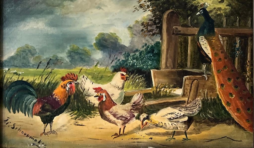 Schilderij kippen en een pauw op paneel., Ophalen of Verzenden