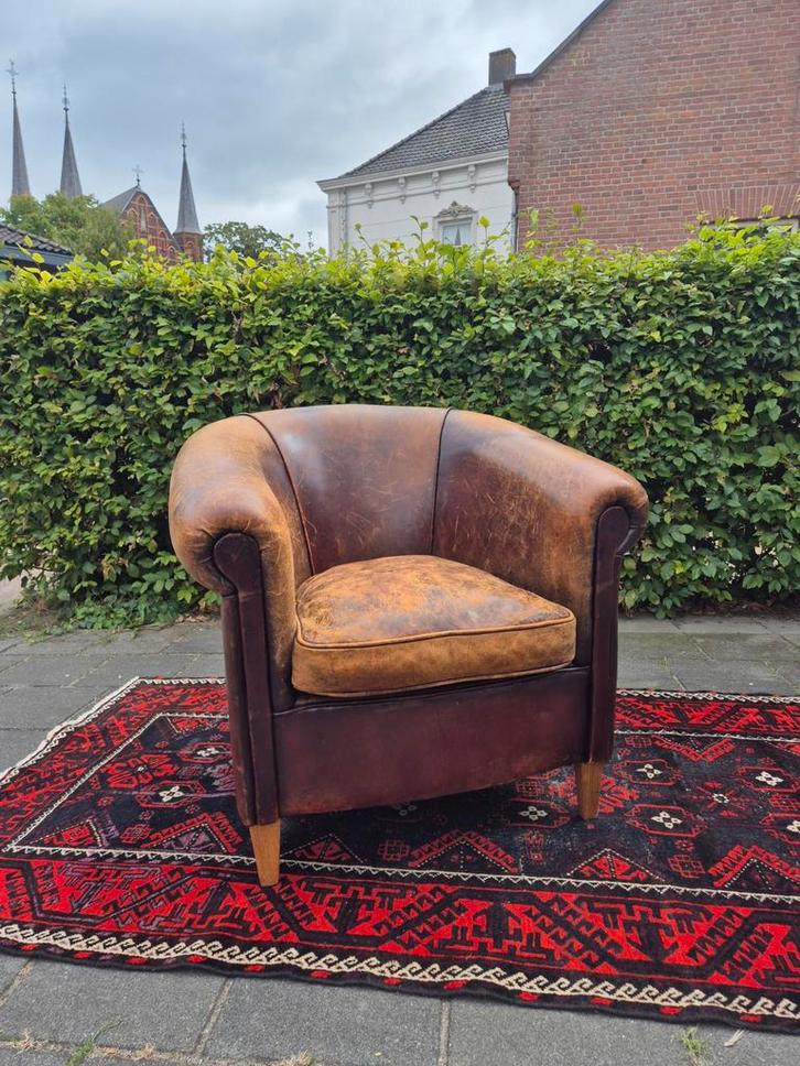 Vintage Schapenlederen clubfauteuil, Huis en Inrichting, Fauteuils, Gebruikt, Leer, 75 tot 100 cm, 75 tot 100 cm, Ophalen