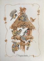 Borduurwerk, zijde, vogels, voederhuisje, Bastin, vintage, Hobby en Vrije tijd, Borduren en Borduurmachines, Ophalen, Gebruikt