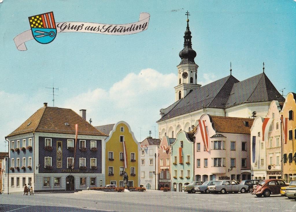 Oostenrijk, Scharding met auto's. Ford Cortina, VW Kever, Ophalen of Verzenden, 1960 tot 1980, Gelopen, Oostenrijk